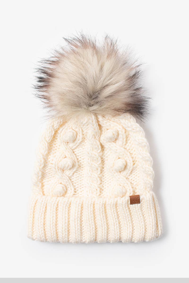 Knit Beanie with Faux Fur Pom: Black & Ivory