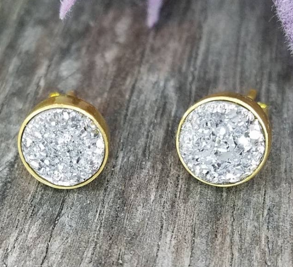 Gold Druzy Quartz Studs Earrings 3 Color Options