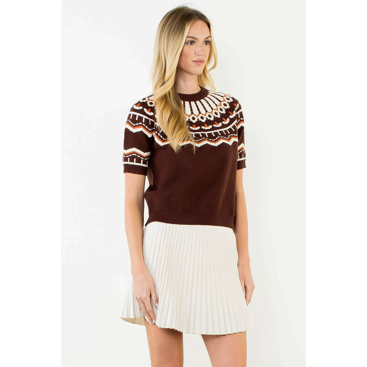 Short Sleeve Pattern Sweater: CINNAMON / XS-S-M-L(1-2-2-1)