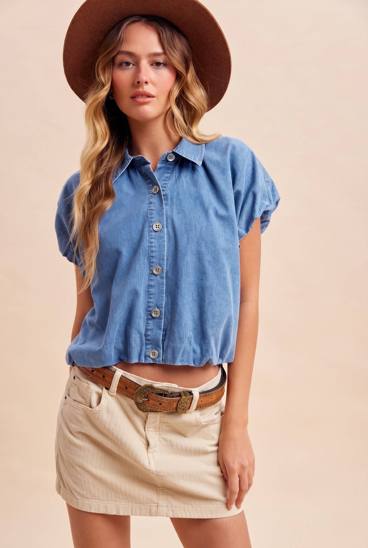 The Williamsburg Bubble Hem Denim Top