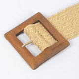 Square Wood Buckle Straw Belt: Khaki