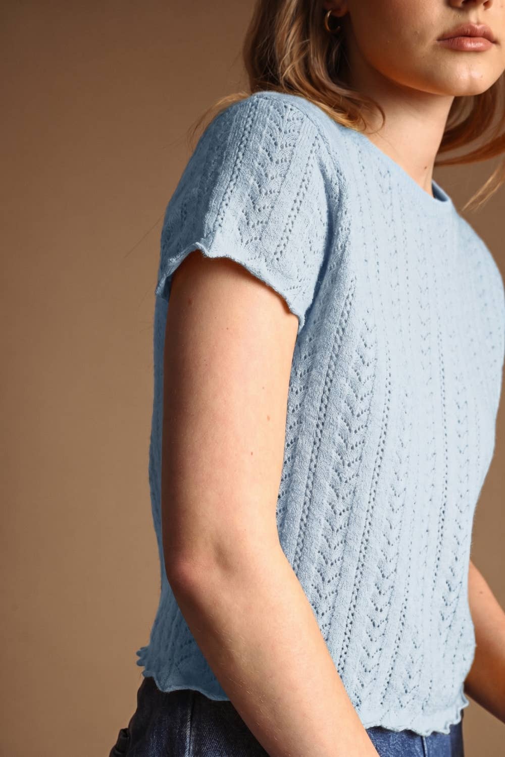 T7460   POINTELLE SHORT SLEEVE KNITTED TOP: OLD DENIM / L