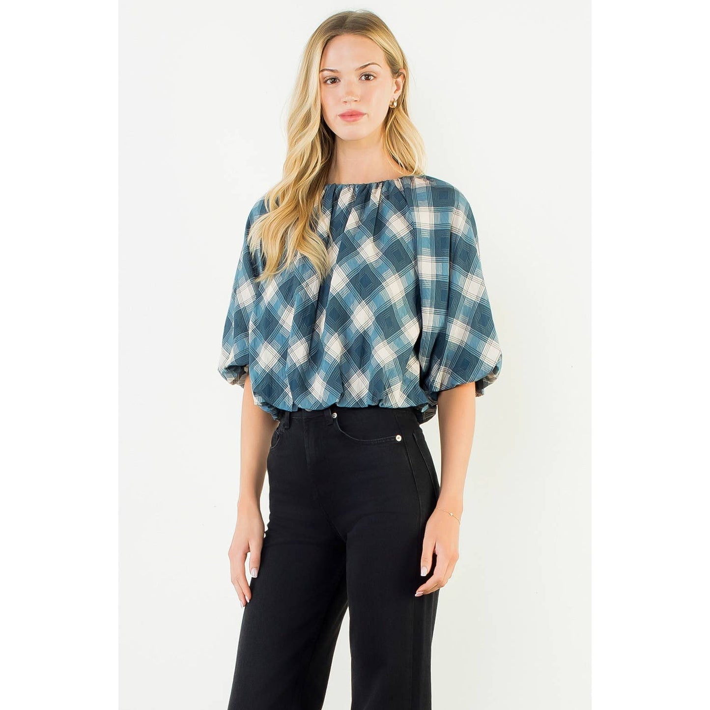 Flowy Cinched Plaid Top: BLACK / XS-S-M-L(1-2-2-1)