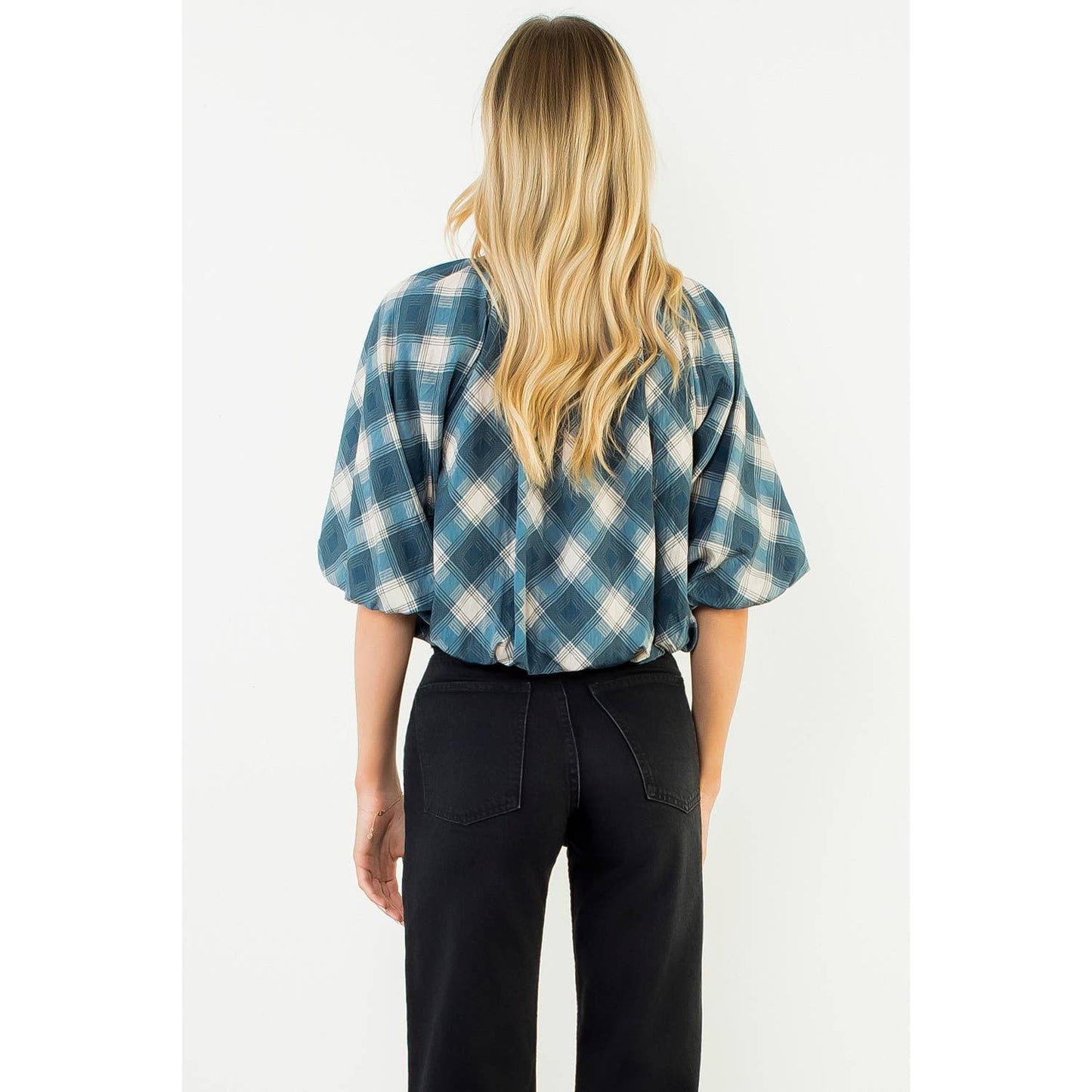 Flowy Cinched Plaid Top: BLACK / XS-S-M-L(1-2-2-1)