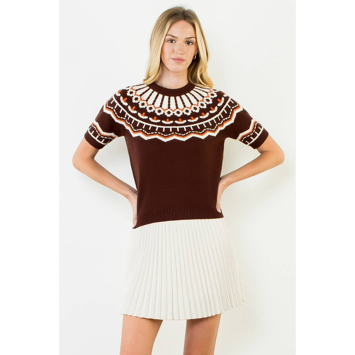 Short Sleeve Pattern Sweater: CINNAMON / XS-S-M-L(1-2-2-1)