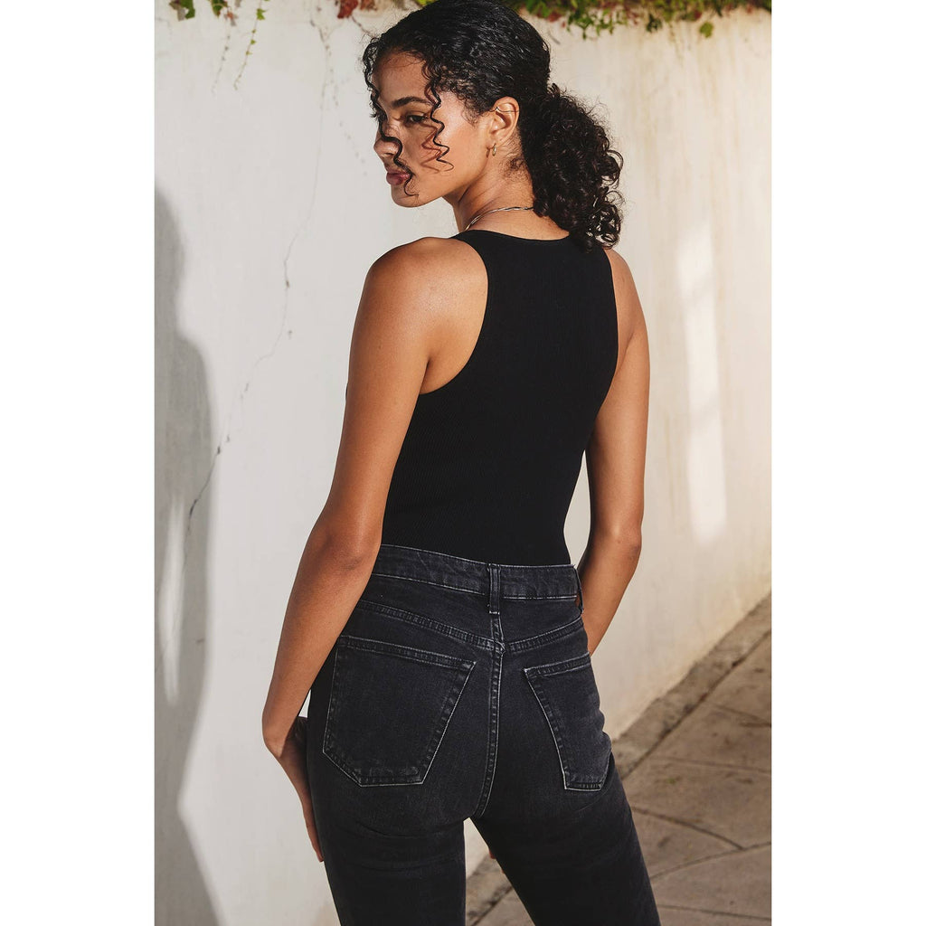 The Liv Ribbed Plunging Tank Bodysuit Black & White