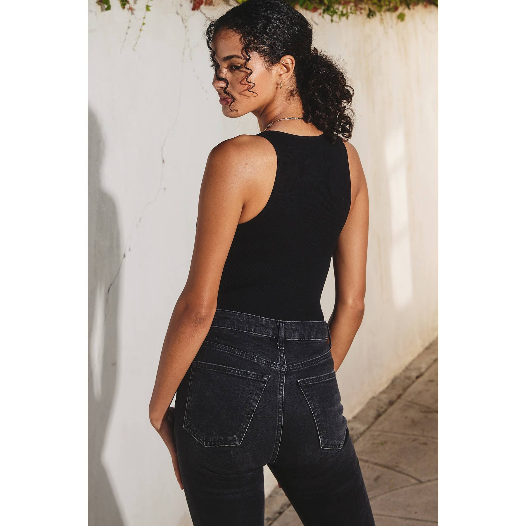 The Liv Ribbed Plunging Tank Bodysuit Black & White