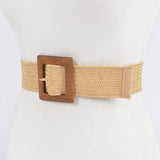 Square Wood Buckle Straw Belt: Khaki