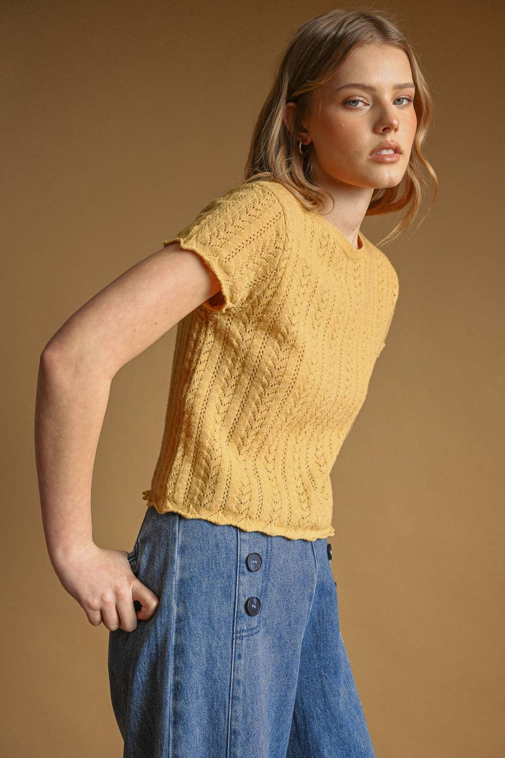 T7460   POINTELLE SHORT SLEEVE KNITTED TOP: OLD DENIM / L
