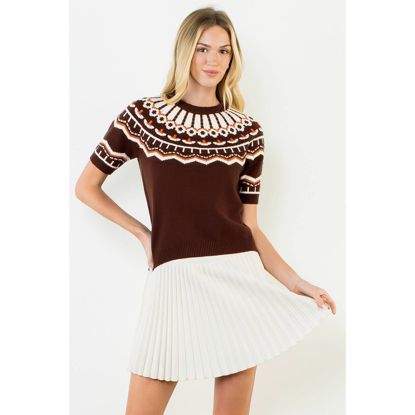 Short Sleeve Pattern Sweater: CINNAMON / XS-S-M-L(1-2-2-1)