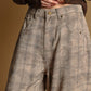 P7307   PLAID PRINTED MULTI COLOR BARREL PANTS: BROWN / L