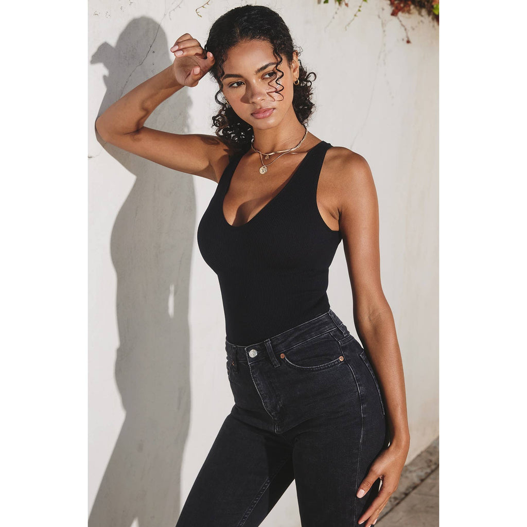 The Liv Ribbed Plunging Tank Bodysuit Black & White
