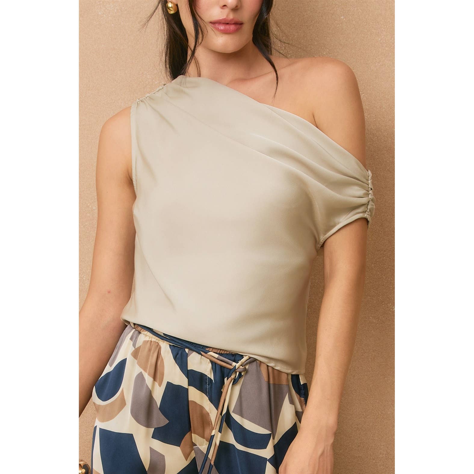 The Jenna Satin Asymmetrical Shoulder Top