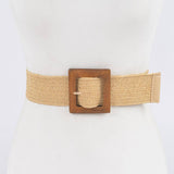 Square Wood Buckle Straw Belt: Khaki