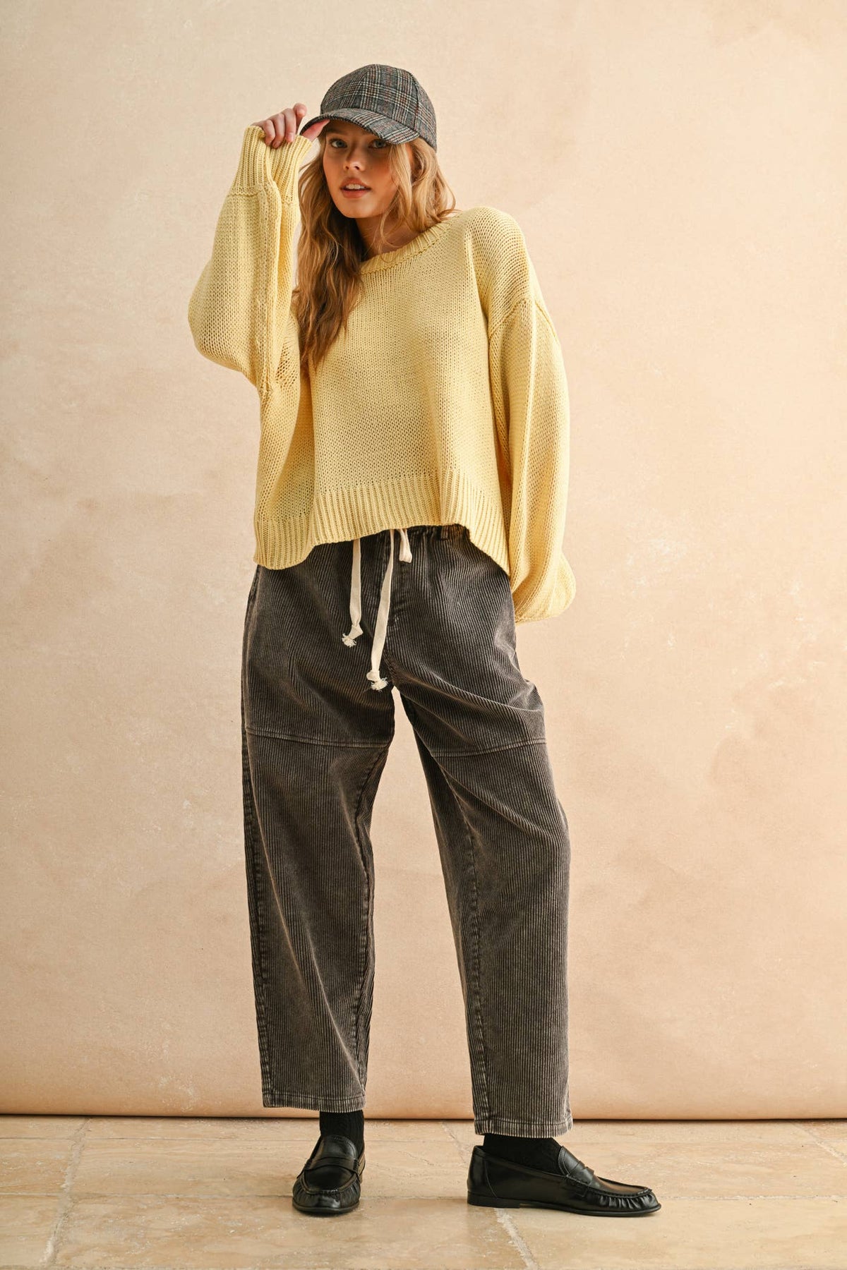 P5602   WASHED EFFECT CORDUROY PANTS: Brown / L