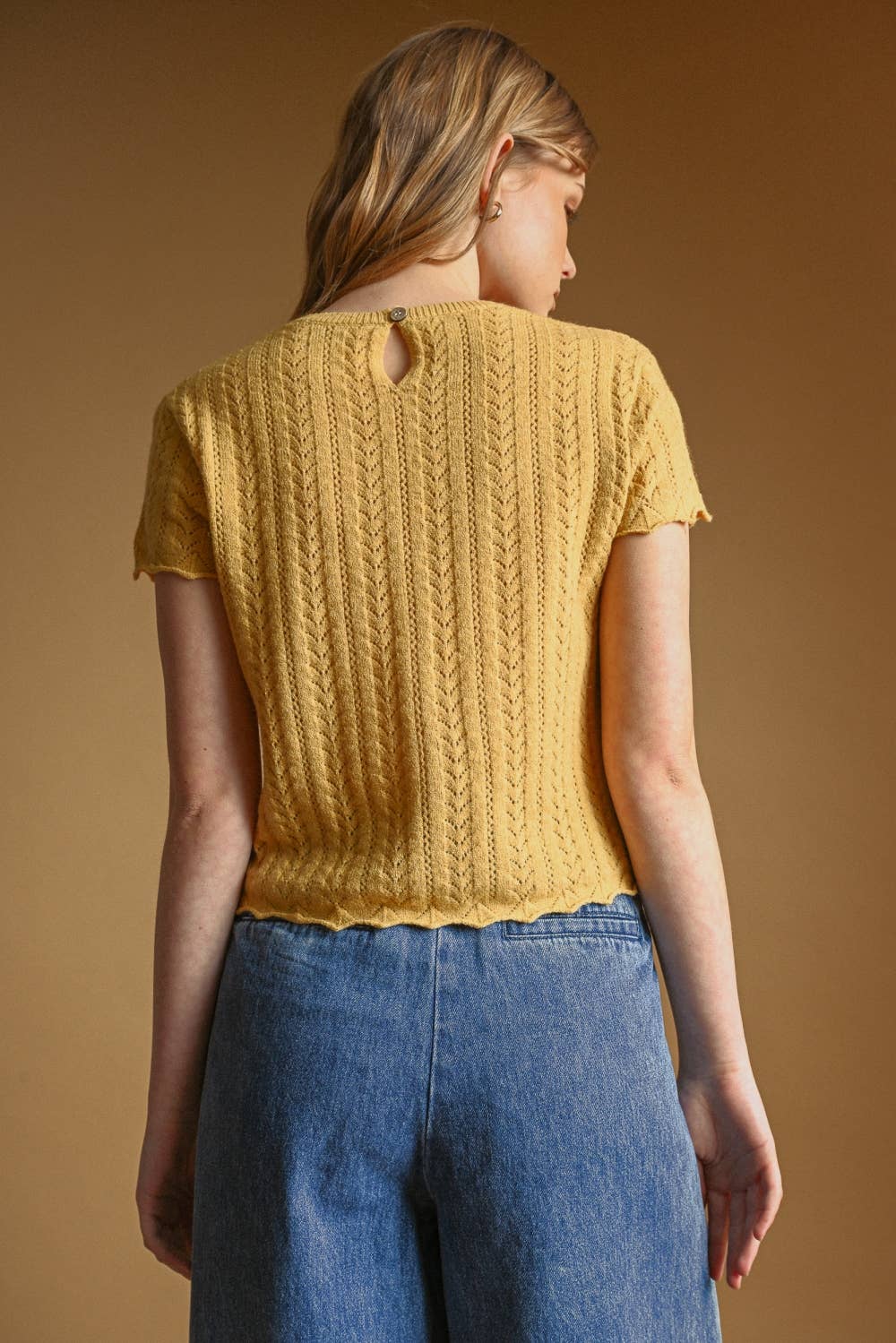 T7460   POINTELLE SHORT SLEEVE KNITTED TOP: OLD DENIM / L