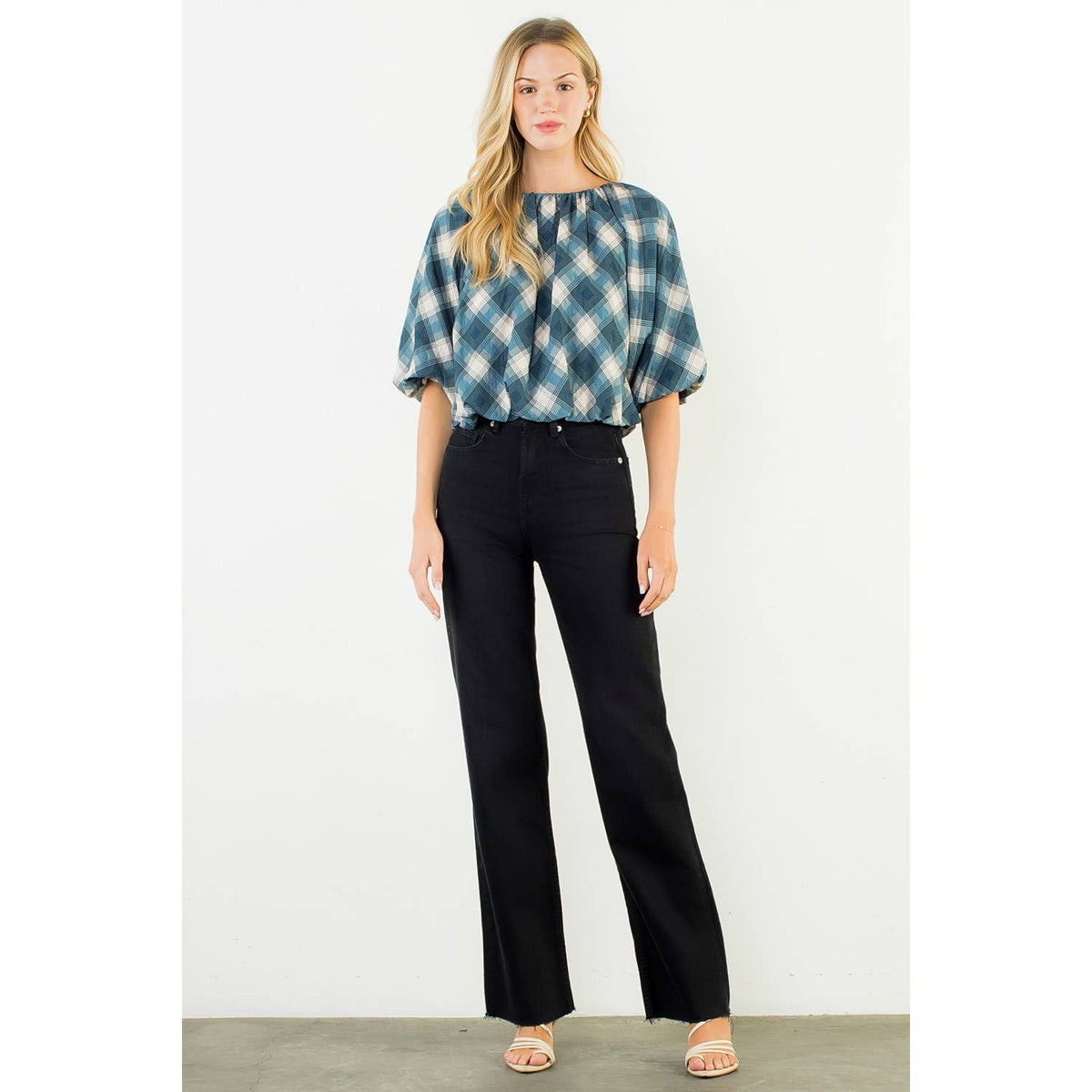 Flowy Cinched Plaid Top: BLACK / XS-S-M-L(1-2-2-1)