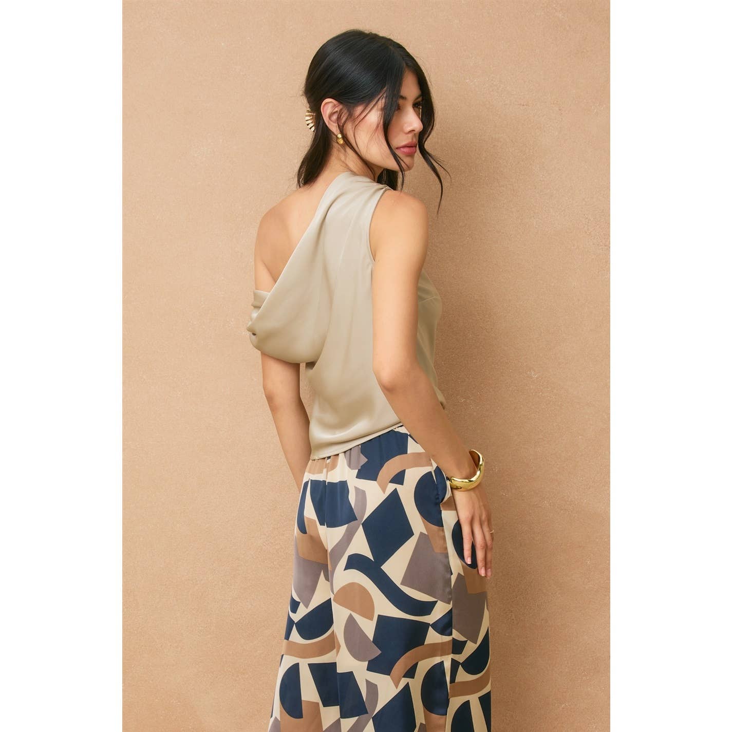 The Jenna Satin Asymmetrical Shoulder Top