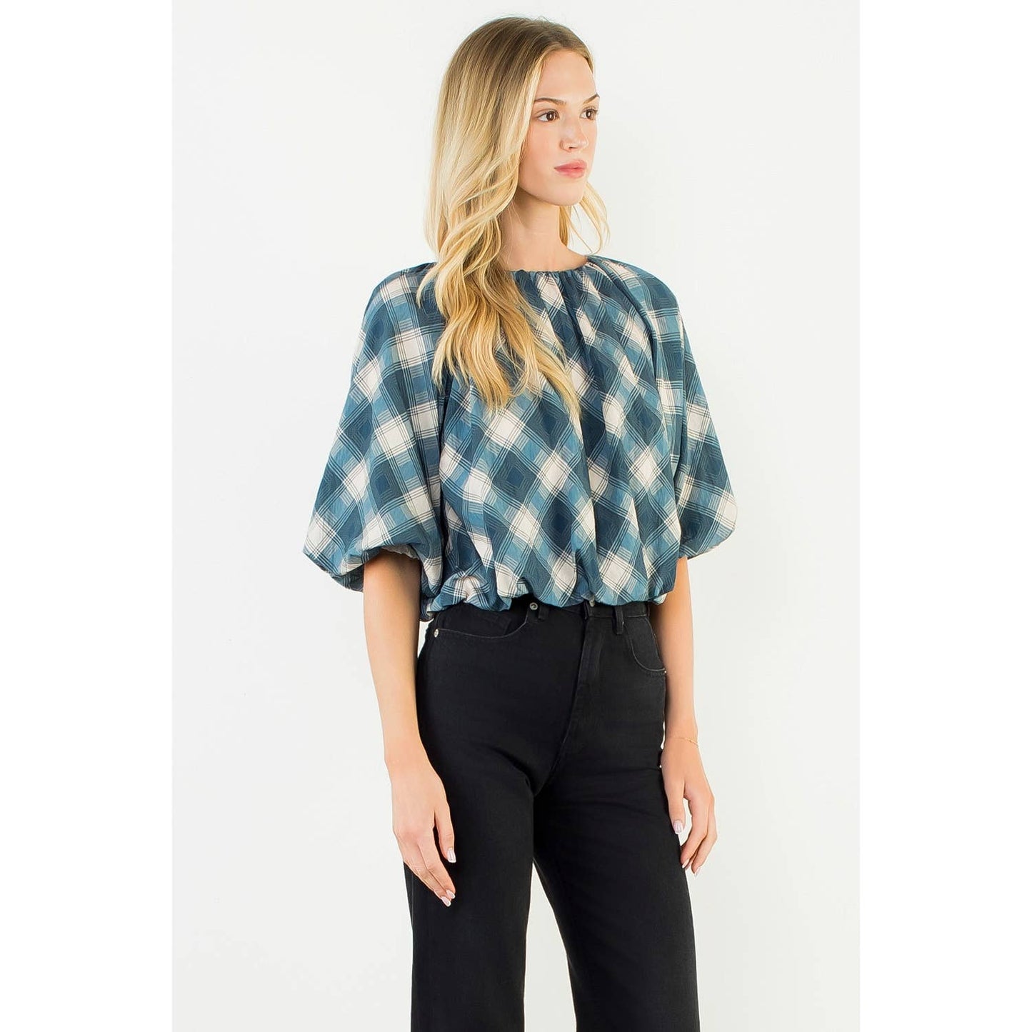 Flowy Cinched Plaid Top: BLACK / XS-S-M-L(1-2-2-1)