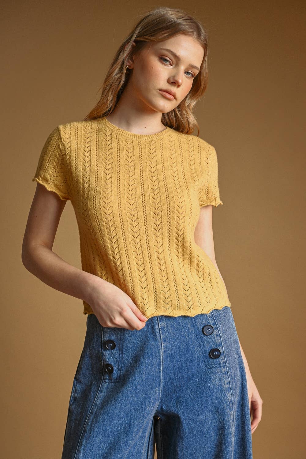 T7460   POINTELLE SHORT SLEEVE KNITTED TOP: OLD DENIM / L