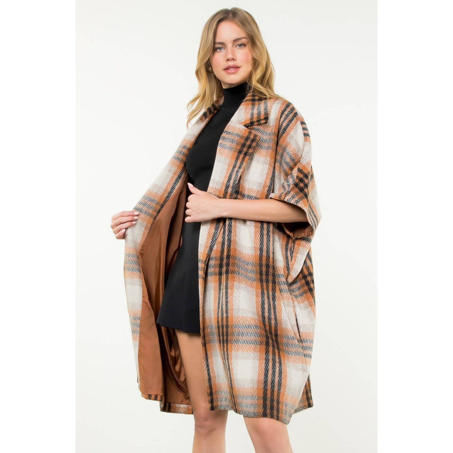 Plaid Drop Shoulder Mid Coat: RUST / XS-S-M-L(1-2-2-1)