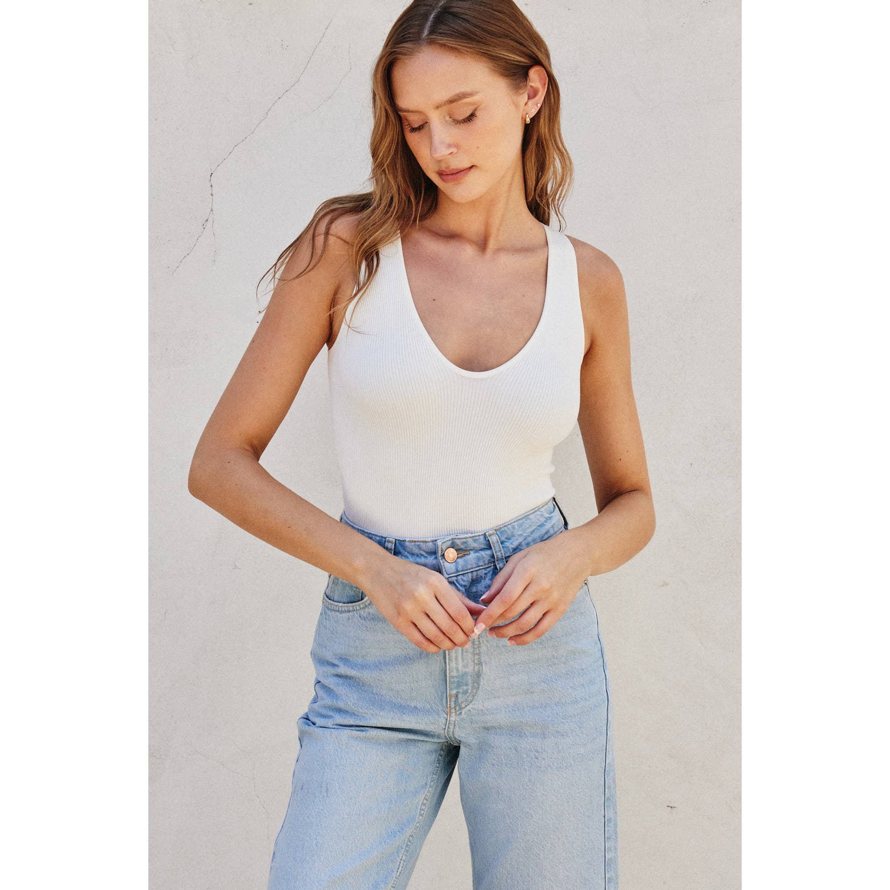 The Liv Ribbed Plunging Tank Bodysuit Black & White