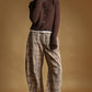 P7307   PLAID PRINTED MULTI COLOR BARREL PANTS: BROWN / L