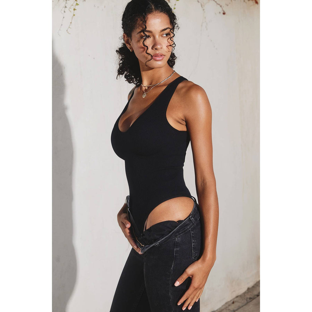 The Liv Ribbed Plunging Tank Bodysuit Black & White