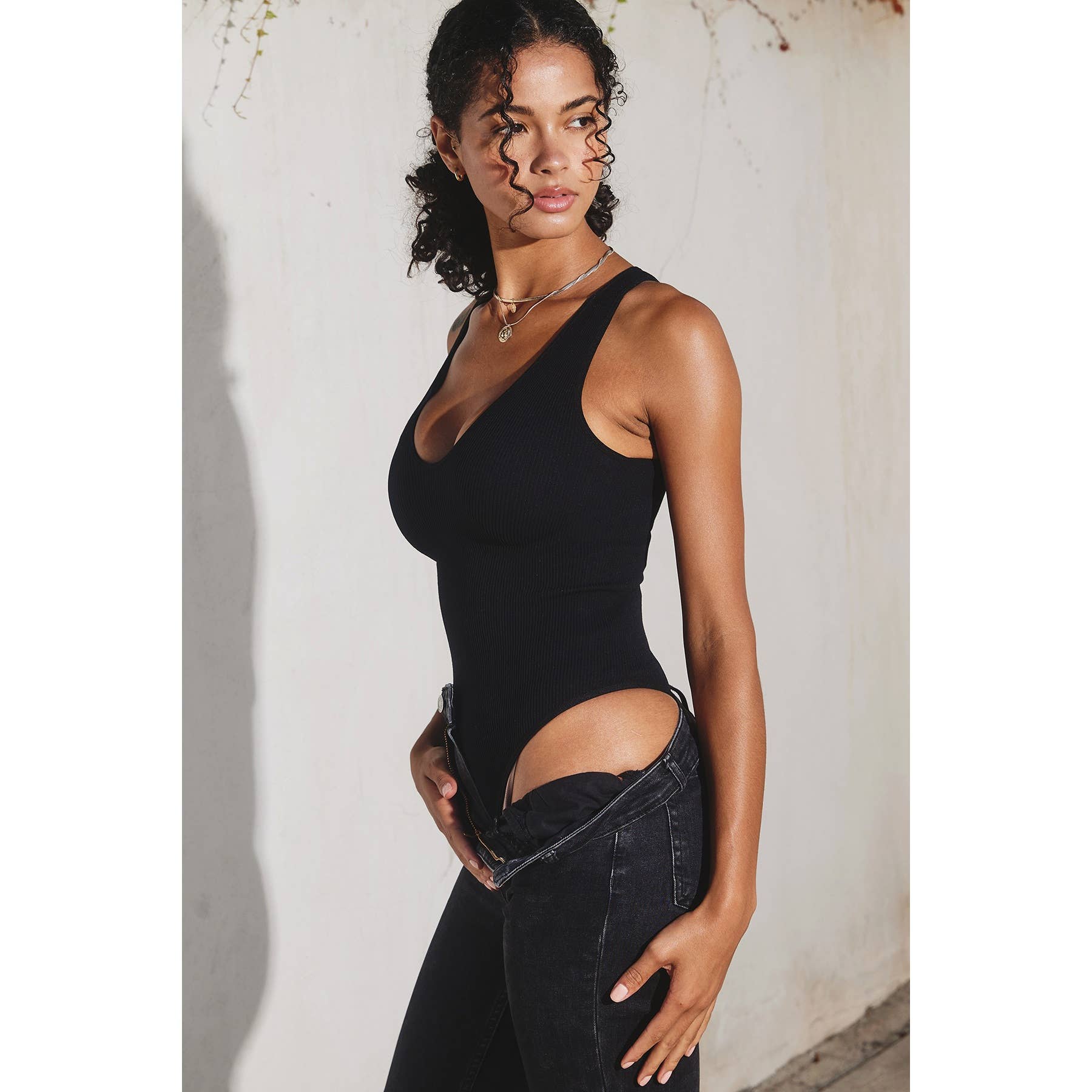 The Liv Ribbed Plunging Tank Bodysuit Black & White