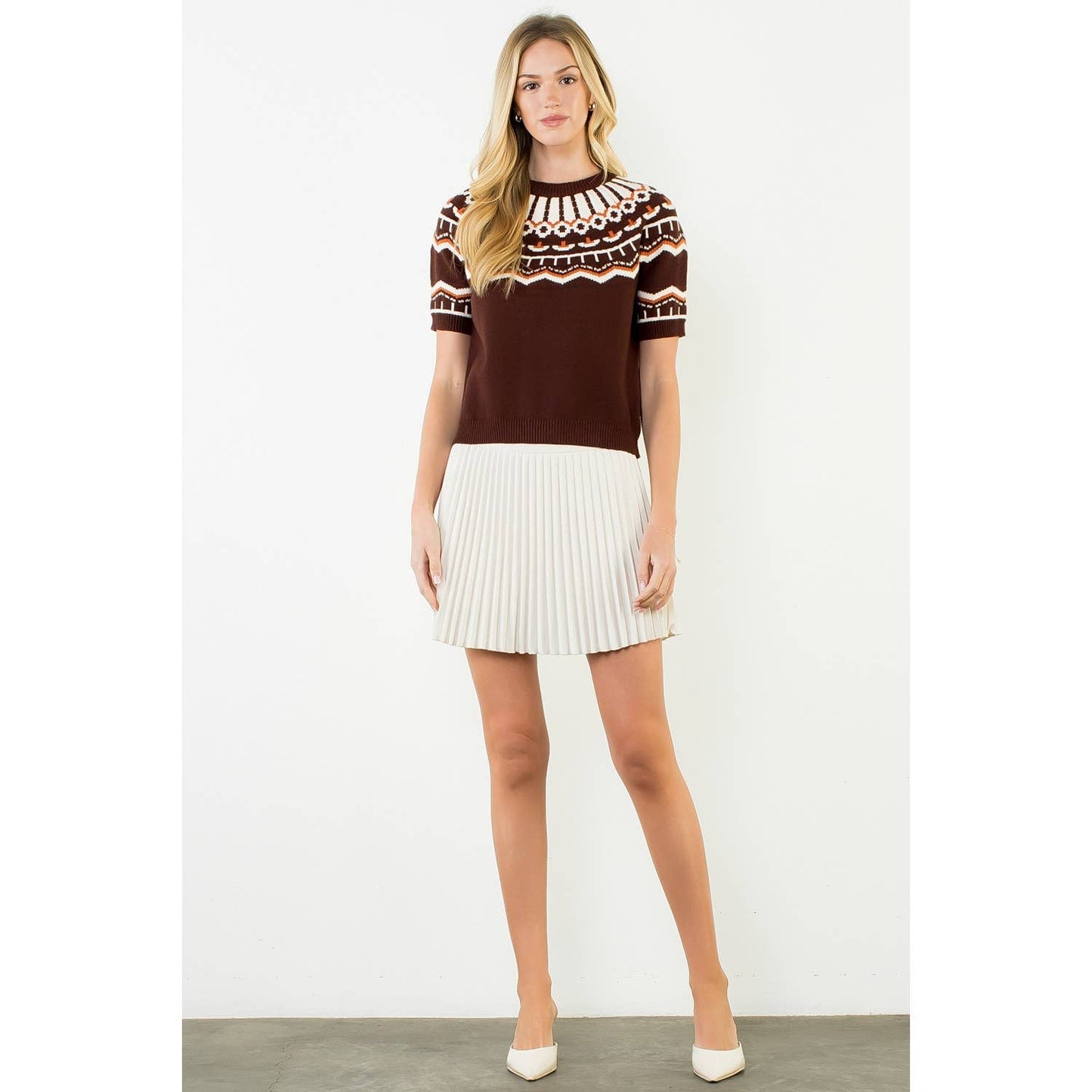 Short Sleeve Pattern Sweater: CINNAMON / XS-S-M-L(1-2-2-1)