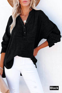 Mineral Washed Crinkled Cotton Long Sleeve Top