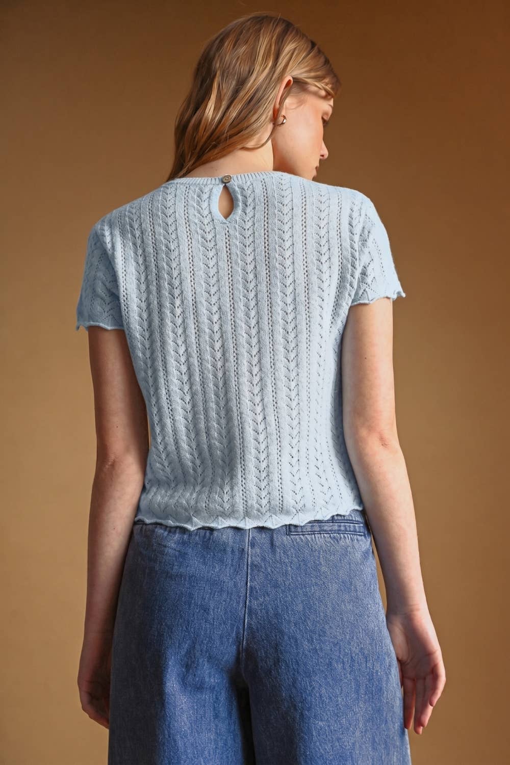 T7460   POINTELLE SHORT SLEEVE KNITTED TOP: OLD DENIM / L