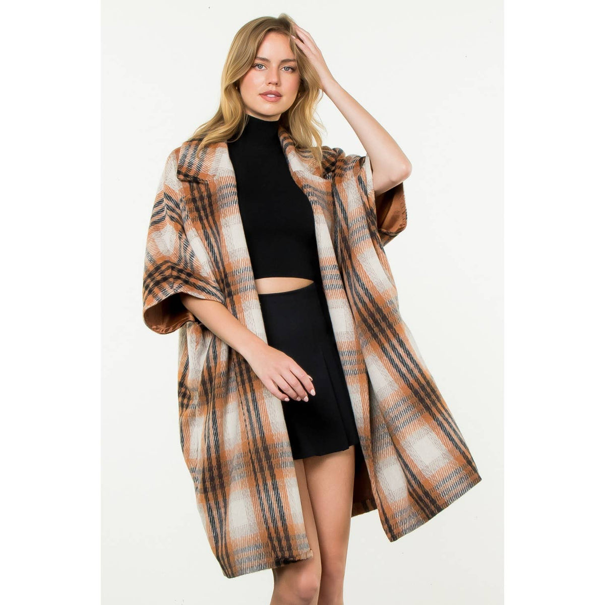 Plaid Drop Shoulder Mid Coat: RUST / XS-S-M-L(1-2-2-1)