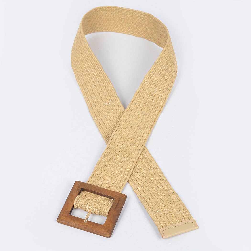 Square Wood Buckle Straw Belt: Khaki