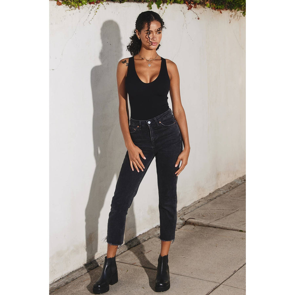 The Liv Ribbed Plunging Tank Bodysuit Black & White