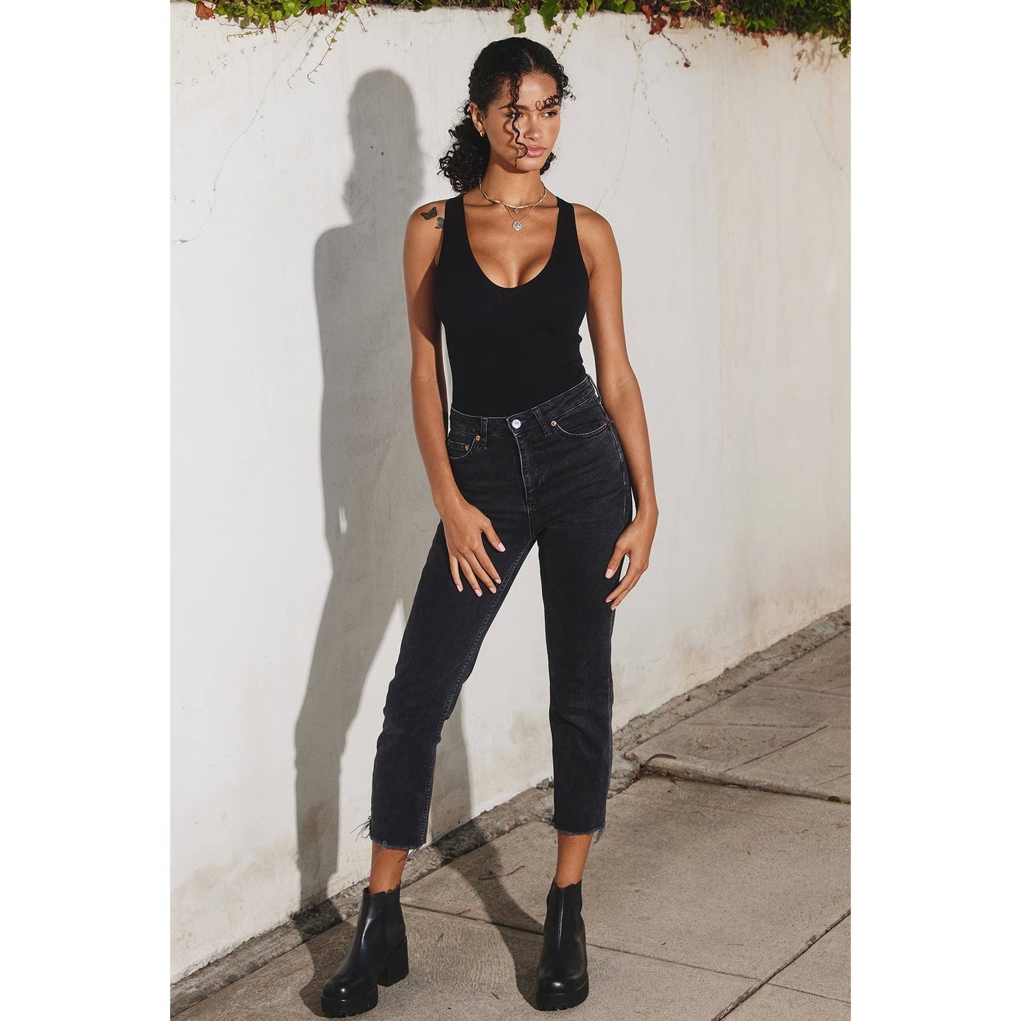 The Liv Ribbed Plunging Tank Bodysuit Black & White
