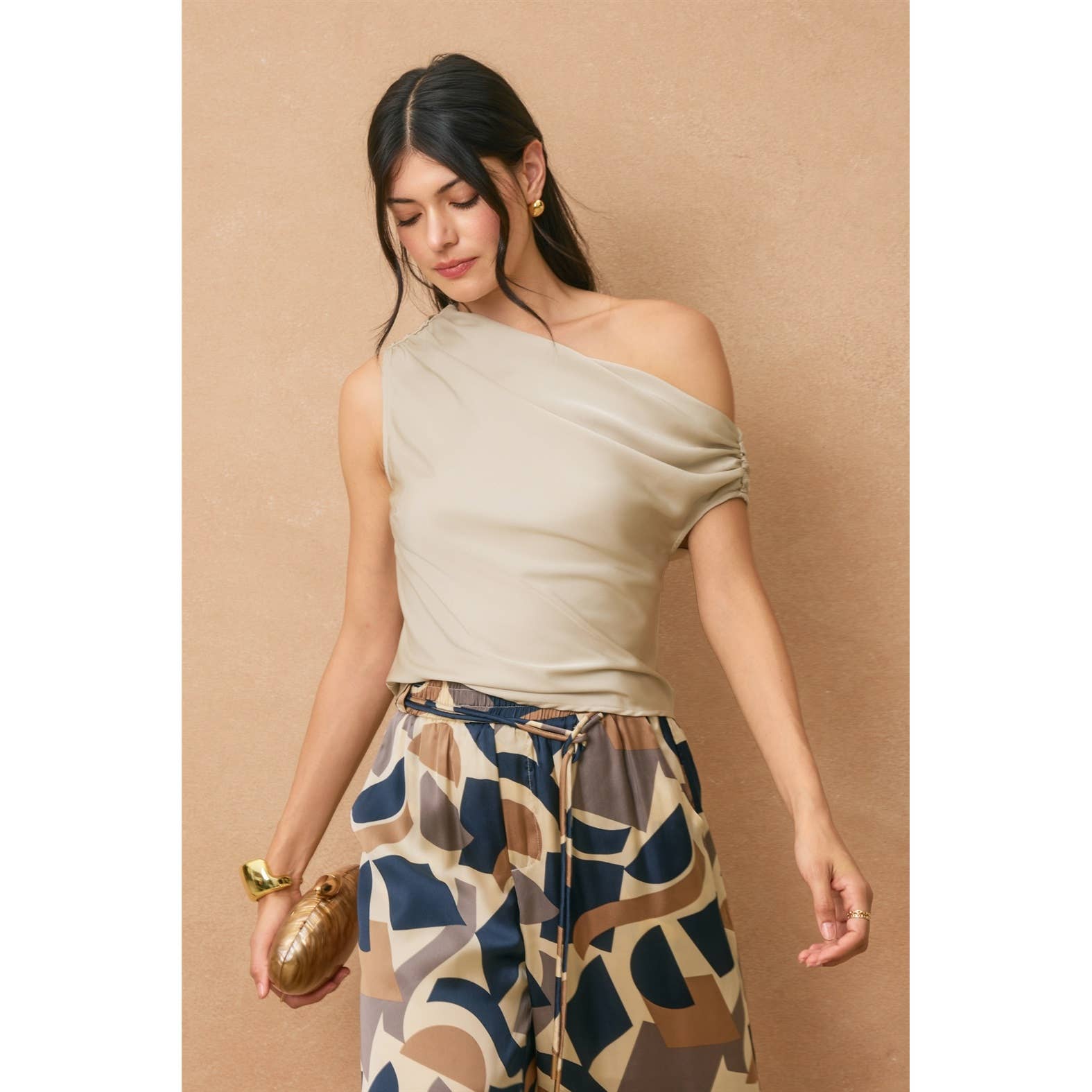 The Jenna Satin Asymmetrical Shoulder Top