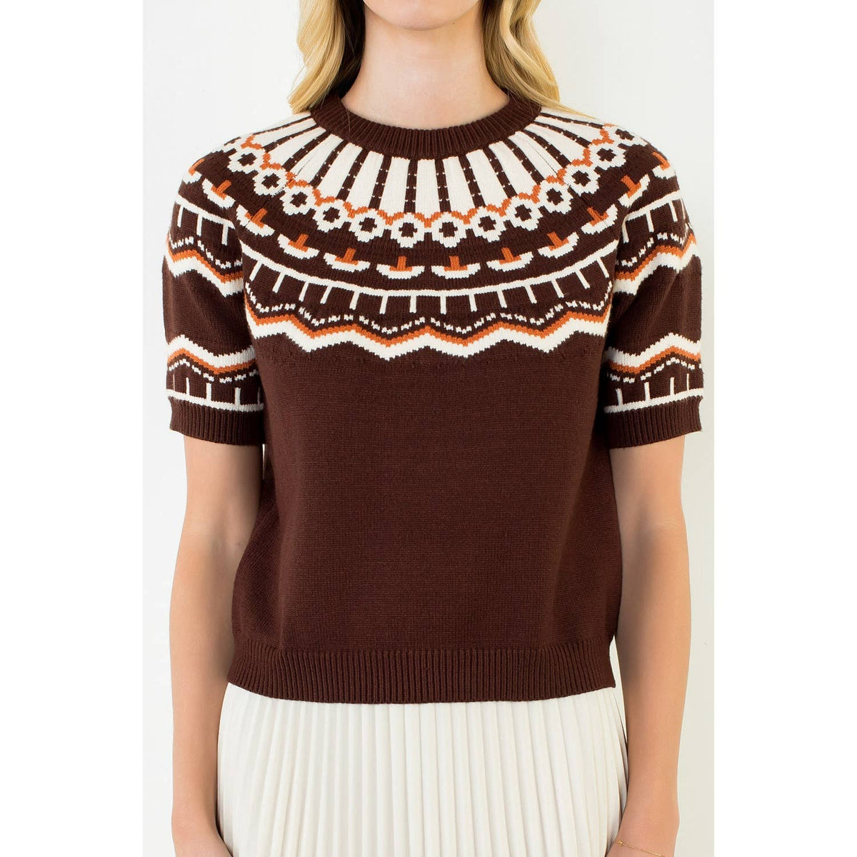 Short Sleeve Pattern Sweater: CINNAMON / XS-S-M-L(1-2-2-1)