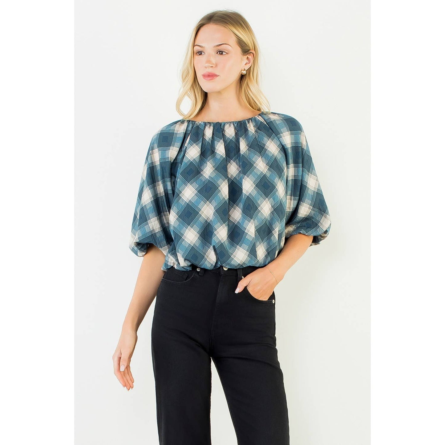 Flowy Cinched Plaid Top: BLACK / XS-S-M-L(1-2-2-1)