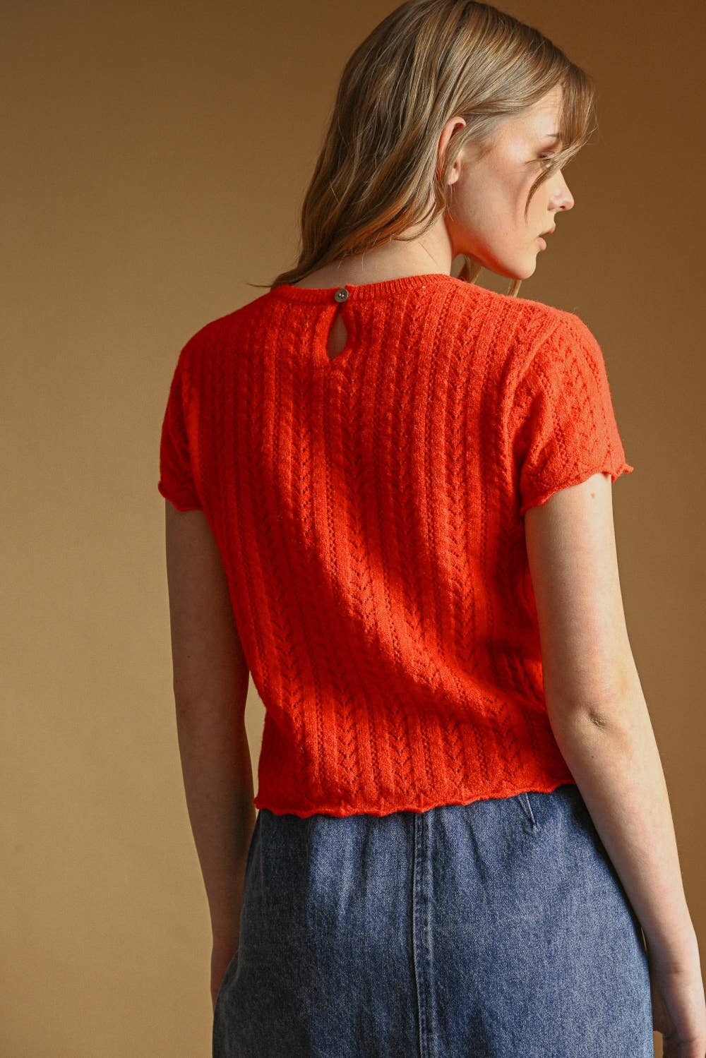 T7460   POINTELLE SHORT SLEEVE KNITTED TOP: OLD DENIM / L