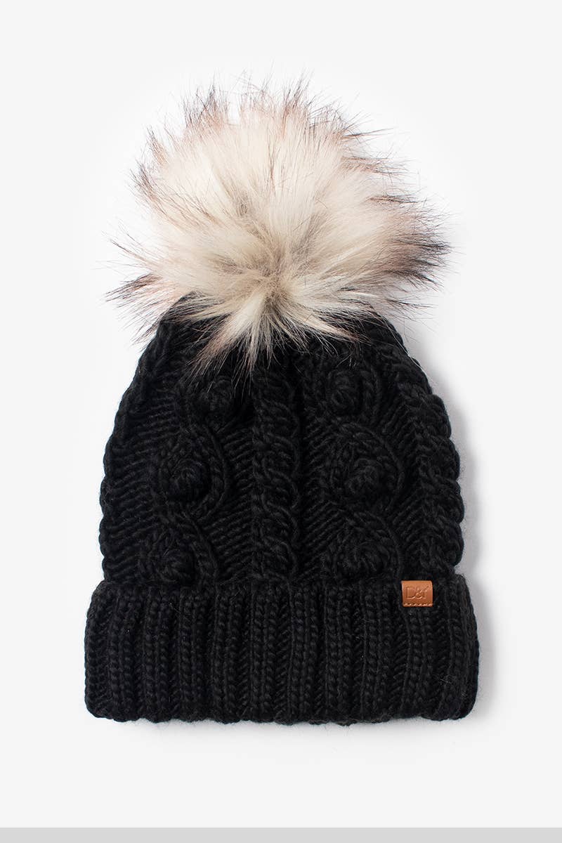 Knit Beanie with Faux Fur Pom: Black & Ivory