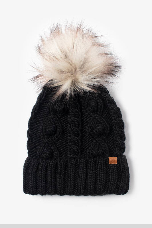 Knit Beanie with Faux Fur Pom: Black & Ivory