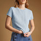 T7460   POINTELLE SHORT SLEEVE KNITTED TOP: OLD DENIM / L