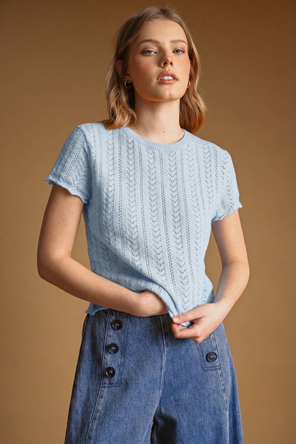 T7460   POINTELLE SHORT SLEEVE KNITTED TOP: OLD DENIM / L