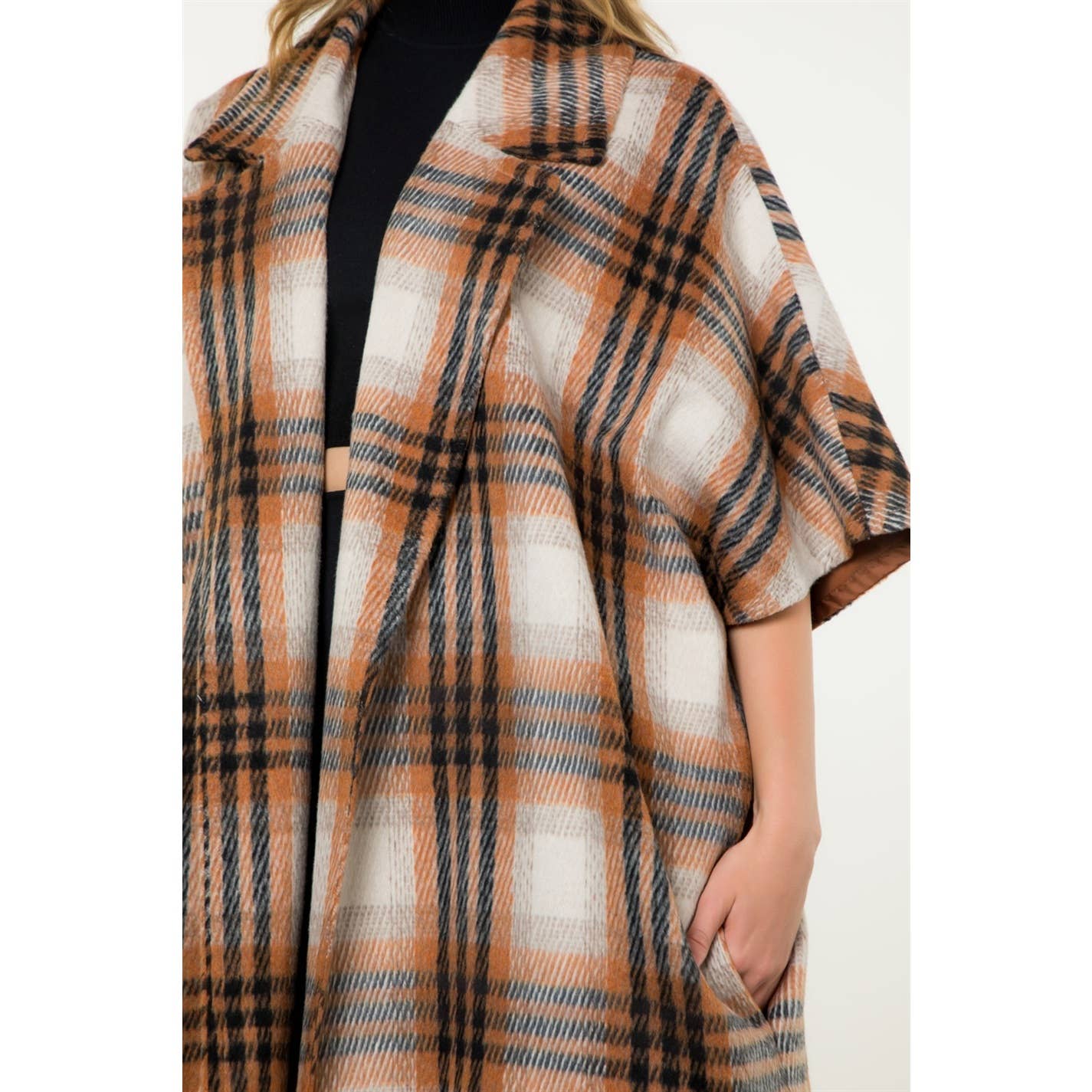 Plaid Drop Shoulder Mid Coat: RUST / XS-S-M-L(1-2-2-1)