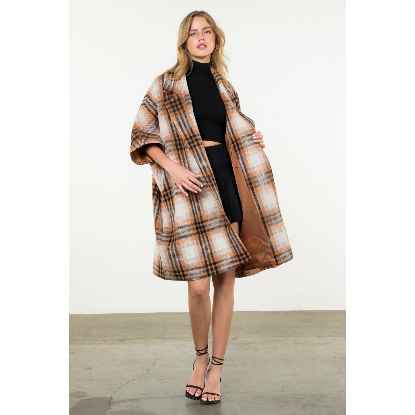 Plaid Drop Shoulder Mid Coat: RUST / XS-S-M-L(1-2-2-1)