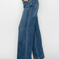 Person wearing blue wide-leg jeans on a white background