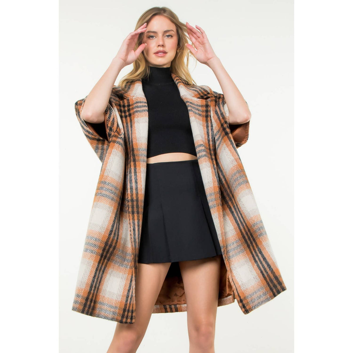 Plaid Drop Shoulder Mid Coat: RUST / XS-S-M-L(1-2-2-1)