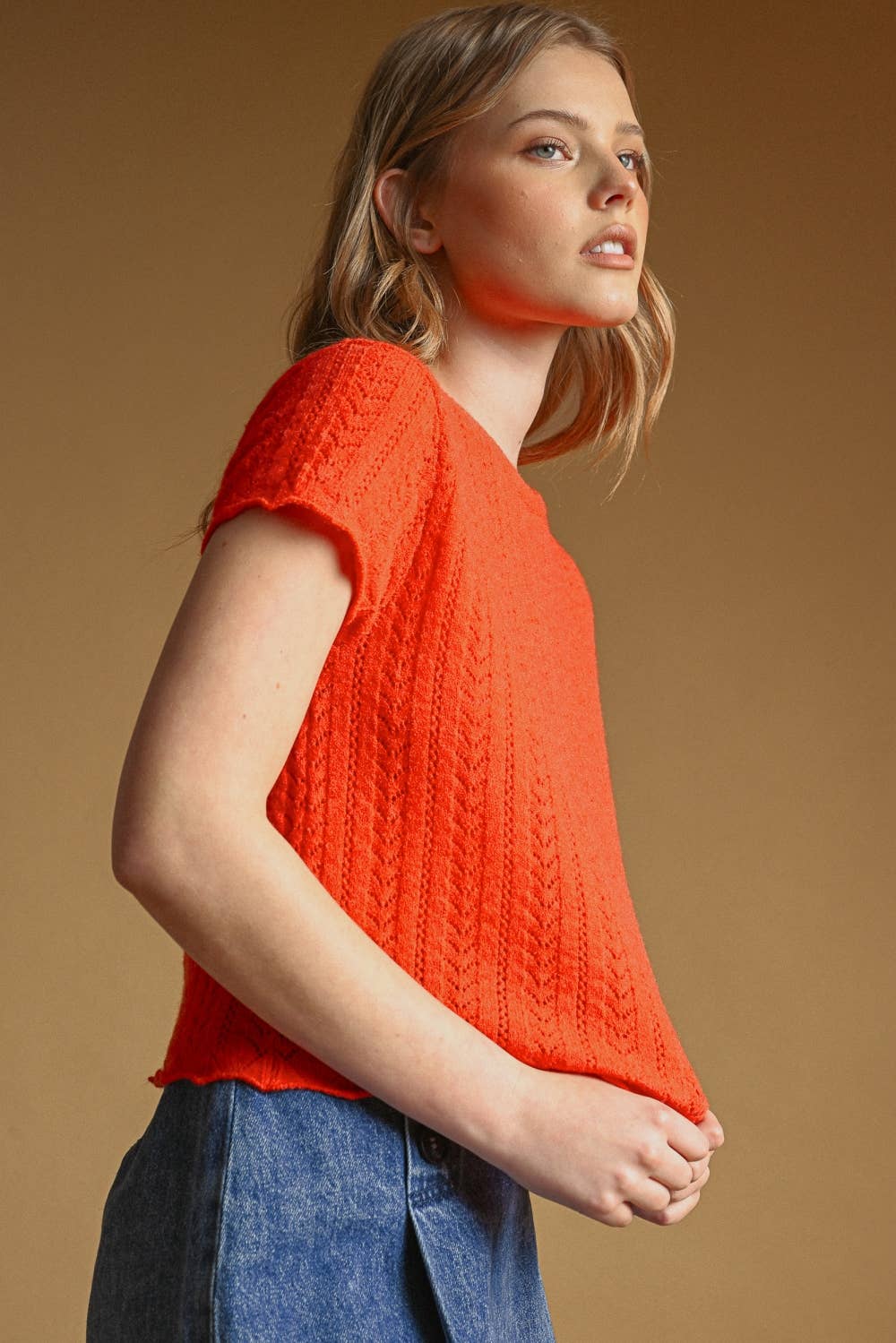 T7460   POINTELLE SHORT SLEEVE KNITTED TOP: OLD DENIM / L