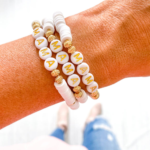 Mama Heishi Bracelet: White/Gold Letters